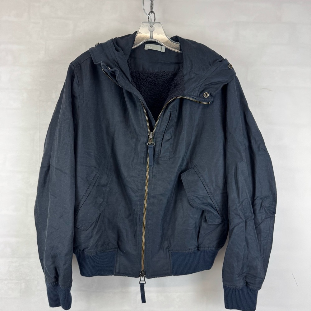 Vince Navy Hooded Zip Front Jacket Bomber Fleece Lined‎ Women’s Small